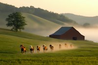 Horses galloping across misty morning meadow with red barn and lone tree silhouetted against rolling hills at sunrise, creating atmospheric rural landscape.