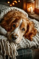 Cozy spaniel dog resting on knitted blanket by warm fireplace creating peaceful home atmosphere for relaxation and comfort lifestyle content.