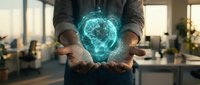 Hands holding glowing digital globe with network connections in modern office environment, representing global business, technology innovation, and worldwide connectivity for corporate communications.