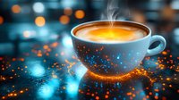 Steaming coffee cup with magical glowing orange and blue bokeh lights creating dreamy atmosphere. Hot beverage with rising steam against dark background.