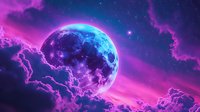 Mystical full moon glowing in vibrant neon colors against cosmic sky with pink and purple clouds, stars twinkling in surreal night atmosphere.