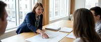 Professional businesswoman leading team meeting in modern office conference room with colleagues reviewing documents and charts.