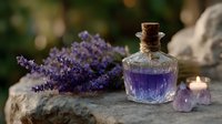 Fresh lavender sprigs beside vintage glass bottle with purple potion on stone surface, amethyst crystal and glowing candle creating magical atmosphere.