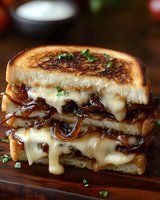 Grilled cheese sandwich with caramelized onions and melted cheese stacked and cut diagonally, garnished with fresh herbs on wooden surface. Gooey cheese drips down sides.