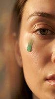 Close-up of young woman applying green skincare serum drop on cheek for natural beauty routine and facial treatment.
