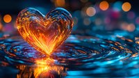 Glowing heart-shaped water splash with orange and blue reflections on rippled surface against blurred bokeh lights background creates romantic atmosphere.