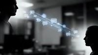 Business professionals communicating through digital messaging icons and arrows in modern office environment for corporate technology solutions.