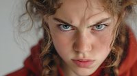 Young Caucasian woman with intense blue eyes and curly hair wearing red hoodie looking directly at camera with serious expression for lifestyle photography.