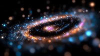Spiral galaxy with glowing orange and blue particles swirling in cosmic space, featuring luminous dust clouds and stars, suitable for astronomy, science, and space-themed designs.
