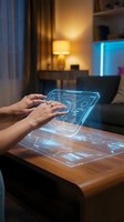 Hands interacting with futuristic holographic interface projection on wooden table in modern living room with warm ambient lighting and technology elements.