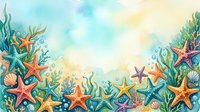Watercolor underwater border with colorful starfish, seashells, and seaweed on a soft pastel background with copy space in the center.