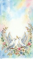 Pair of white doves perched on flowering branch with golden foliage, surrounded by watercolor splashes in pastel blue, pink, yellow and green tones. Suitable for wedding invitations, greeting cards, and peace-themed designs.