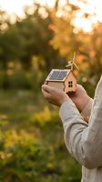 Hands holding miniature wooden house with solar panel and wind turbine representing sustainable energy and eco-friendly home solutions at sunset.