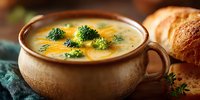 Creamy broccoli cheese soup in rustic ceramic bowl with fresh herbs and crusty bread rolls for comfort food dining and restaurant menu photography.