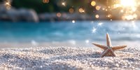 Starfish on sparkling sandy beach at sunset with golden bokeh lights and turquoise ocean water creating dreamy summer vacation atmosphere.