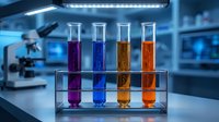 Colorful chemical solutions in test tubes on laboratory rack with modern equipment and LED lighting in research facility background.
