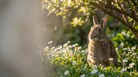 Wild rabbit sitting among flowering plants and green foliage in natural sunlight, suitable for nature, wildlife, and garden-themed projects.