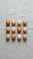 Dozen fresh chicken eggs arranged in rows on linen fabric background showing natural color variations from white to brown for cooking and baking.