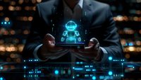 Businessman holding digital hologram of robot with glowing blue technology interface, perfect for artificial intelligence and future innovation concepts.