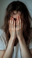 Young woman with messy brown hair covering face with hands in emotional distress, wearing white shirt against neutral background. Conceptual mental health image.