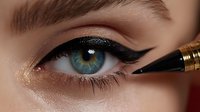 Close-up of woman applying dramatic winged eyeliner with gold-tipped brush. Blue-green eye with defined brow showcases precise makeup application technique.