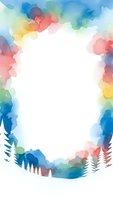 Watercolor frame with colorful paint splashes and fern leaves on white background for greeting cards, invitations and creative design projects.