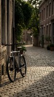Vintage bicycle leaning against weathered brick wall in narrow cobblestone alley lined with ivy-covered buildings and potted plants, evoking old-world charm for travel and lifestyle content.