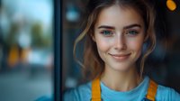 Young Caucasian woman with natural makeup and gentle smile wearing yellow overalls and blue t-shirt against blurred urban background with bokeh lights.