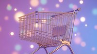 Empty shopping cart on purple gradient background with bokeh lights for retail and e-commerce concepts.