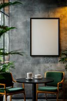 Modern cafe interior with blank frame on textured wall, green chairs and coffee cups on round table for mockup design and branding presentation.