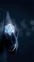 Hand holding glowing geometric wireframe polyhedron with light particles against dark background. Represents innovation, technology, data science, and digital transformation concepts for business presentations.