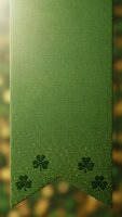 Green linen fabric banner with embroidered shamrock clover pattern and scalloped edge for Irish holiday decorations and festive celebrations.