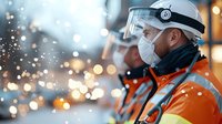 Industrial worker in orange safety jacket and protective gear observing metal grinding with flying sparks in manufacturing environment.