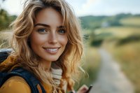 Young Caucasian woman with blonde wavy hair and bright smile wearing yellow jacket and backpack outdoors against blurred natural landscape background in warm sunlight.