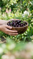 Hands holding wooden bowl filled with fresh dark cherries in garden setting with blurred green foliage background. Harvest concept for food and agriculture use.