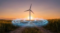 Wind turbine surrounded by glowing digital circle in rural field at sunset, representing renewable energy technology and sustainable power generation for future electricity needs.
