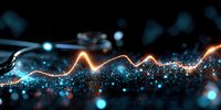 Glowing orange wave line with blue particles and bokeh effects on dark background, abstract digital visualization for technology and science concepts.