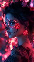 Young woman with sugar skull makeup in neon pink and blue lighting, wearing rose earrings and face art with glowing details, dark hair styled up with floral accents.