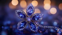 Elegant sapphire flower brooch with diamonds on blurred bokeh background. Luxury jewelry macro photography showcases deep blue gemstones in floral design pattern.