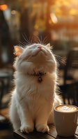 White fluffy cat sitting near latte cup with heart pattern foam art in cozy cafe atmosphere during golden hour, backlit by warm sunlight creating magical ambiance.