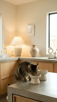 Tabby cat drinking from ceramic bowl in modern minimalist kitchen with warm lighting and neutral tones creating cozy domestic atmosphere.