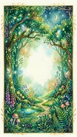 Enchanted forest frame with magical trees, glowing fireflies, mushrooms and crescent moon creating mystical woodland border for fairy tale designs.
