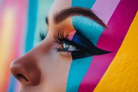 Close up of eye with vibrant turquoise and pink creative makeup against colorful striped background. Professional beauty photography showcasing dramatic eyelashes and artistic design.