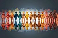 Colorful silhouettes of people holding hands in unity chain, reflected on glossy surface with geometric pattern background, symbolizing diversity and teamwork.