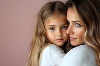 Tender moment between mother and daughter with blonde hair wearing white sweaters against pink background, expressing love and family bonding.