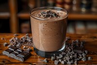 Creamy chocolate milkshake in glass with dark chocolate chunks scattered on wooden table, rich brown beverage topped with chocolate shavings for dessert menu.
