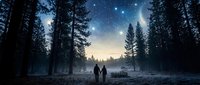 Two figures stand together in a snow-covered forest clearing under a starlit night sky, surrounded by tall evergreen trees and winter mist, evoking solitude and wonder.