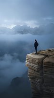 Businessman standing on stack of books above clouds contemplating future success and knowledge growth in surreal mountain landscape for motivation concepts.