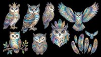 Ornate owls and feathers with intricate mandala patterns and colorful details, isolated on transparent background. Ready for t-shirt design, clipart, stickers, sublimation, and print-on-demand projects.