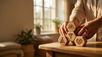 Business professional arranging wooden hexagonal blocks with innovation icons on desk in modern office environment for strategic planning concepts.